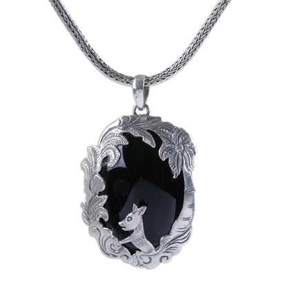 Wondrous Garden Animal-Themed Silver and Onyx Pendant Necklace from Bali