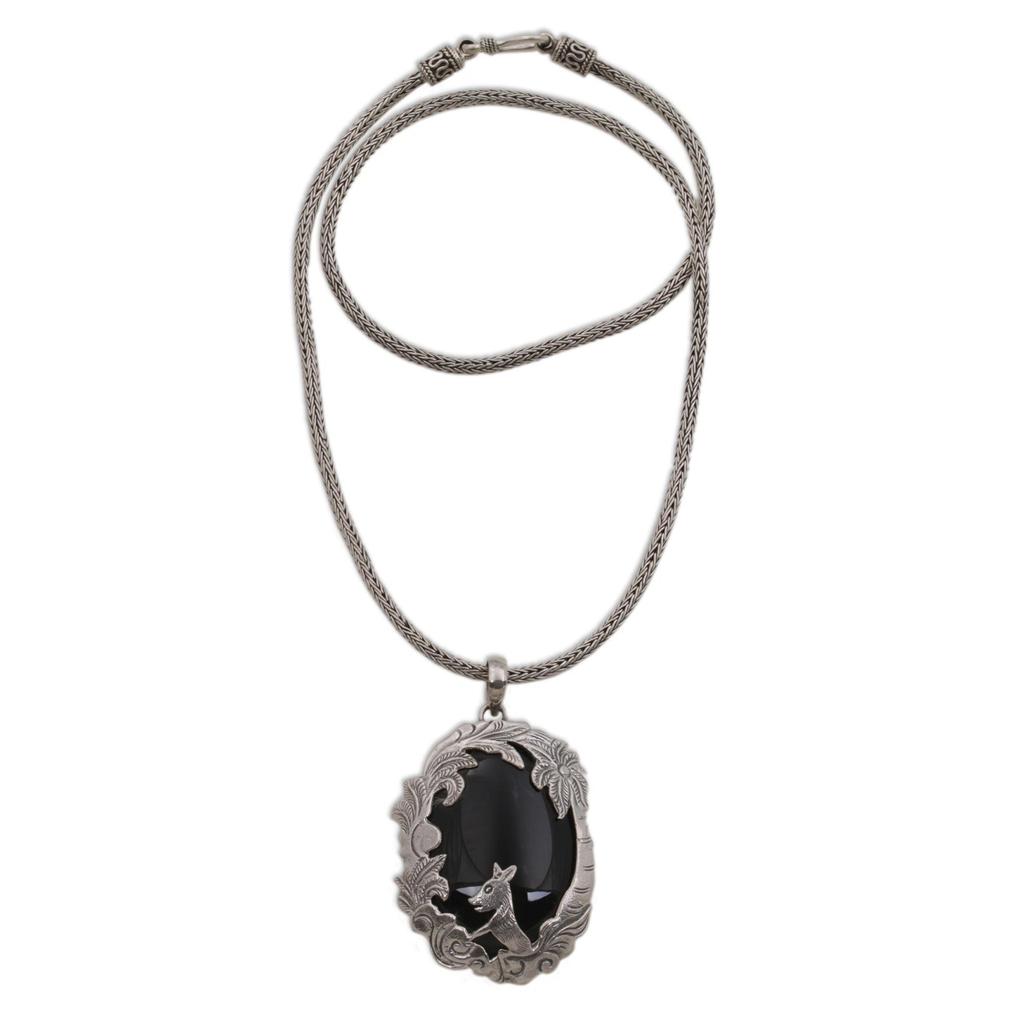 Wondrous Garden Animal-Themed Silver and Onyx Pendant Necklace from Bali