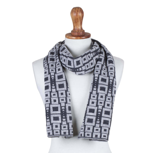 Andean Windows in Slate Alpaca Blend Scarf in Pearl Grey and Slate from Peru