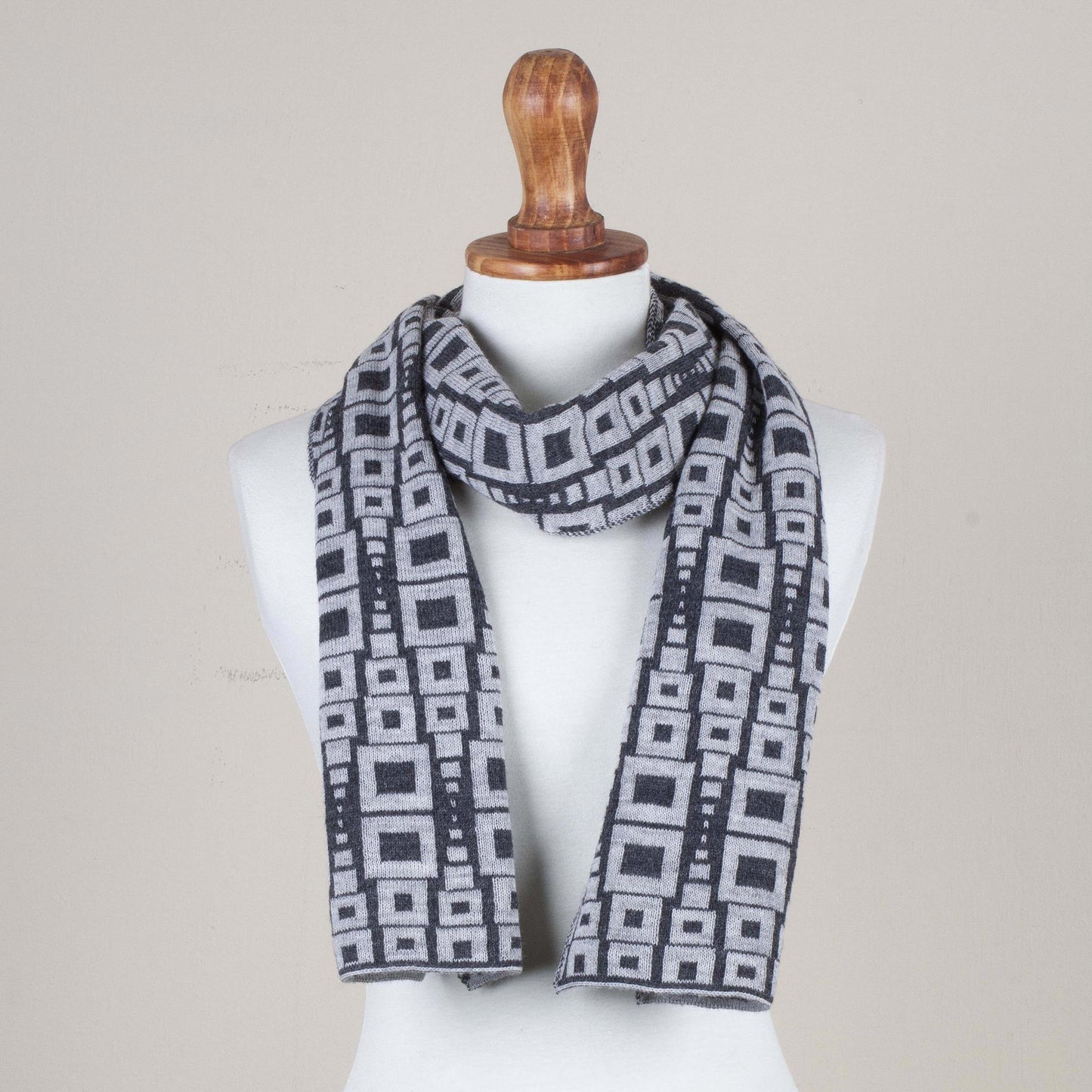 Andean Windows in Slate Alpaca Blend Scarf in Pearl Grey and Slate from Peru