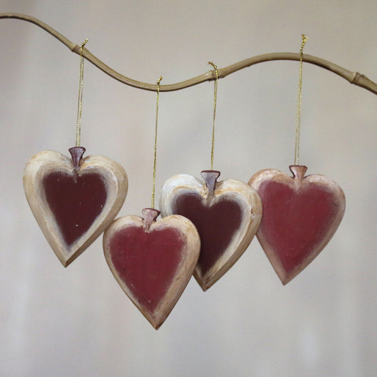 Ruby Hearts Set of Four Painted Wood Heart Ornaments from Bali