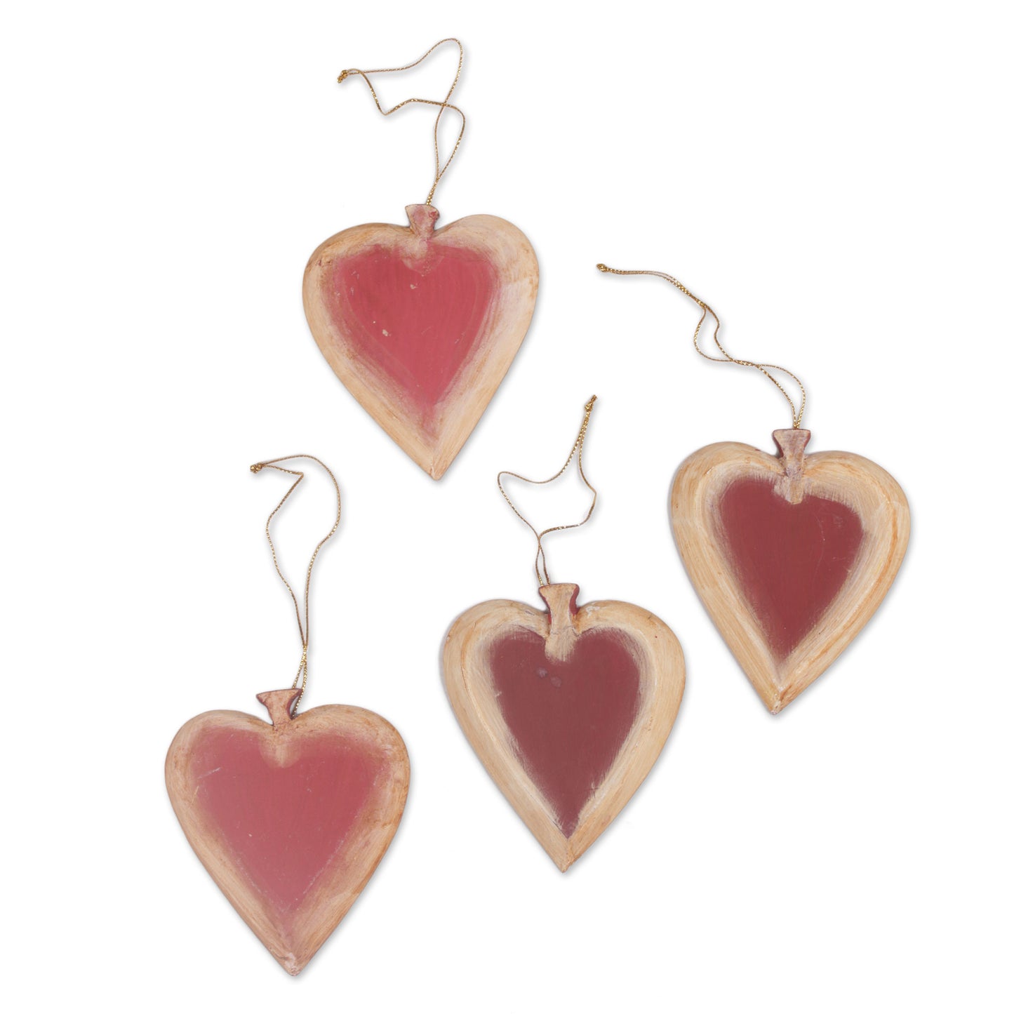 Ruby Hearts Set of Four Painted Wood Heart Ornaments from Bali