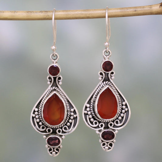 Fiery Glow Carnelian Garnet and Sterling Silver Indian Dangle Earrings