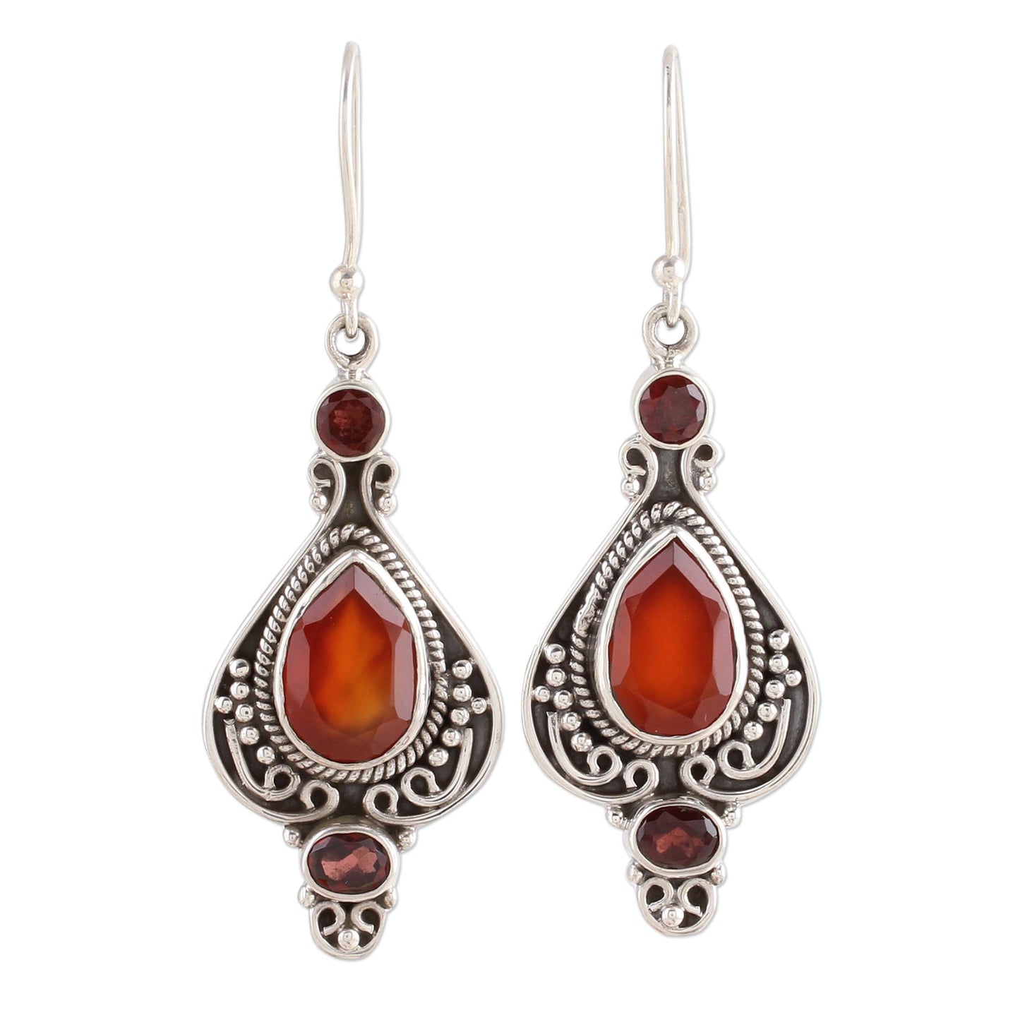 Fiery Glow Carnelian Garnet and Sterling Silver Indian Dangle Earrings