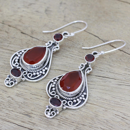 Fiery Glow Carnelian Garnet and Sterling Silver Indian Dangle Earrings