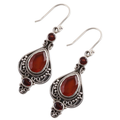 Fiery Glow Carnelian Garnet and Sterling Silver Indian Dangle Earrings