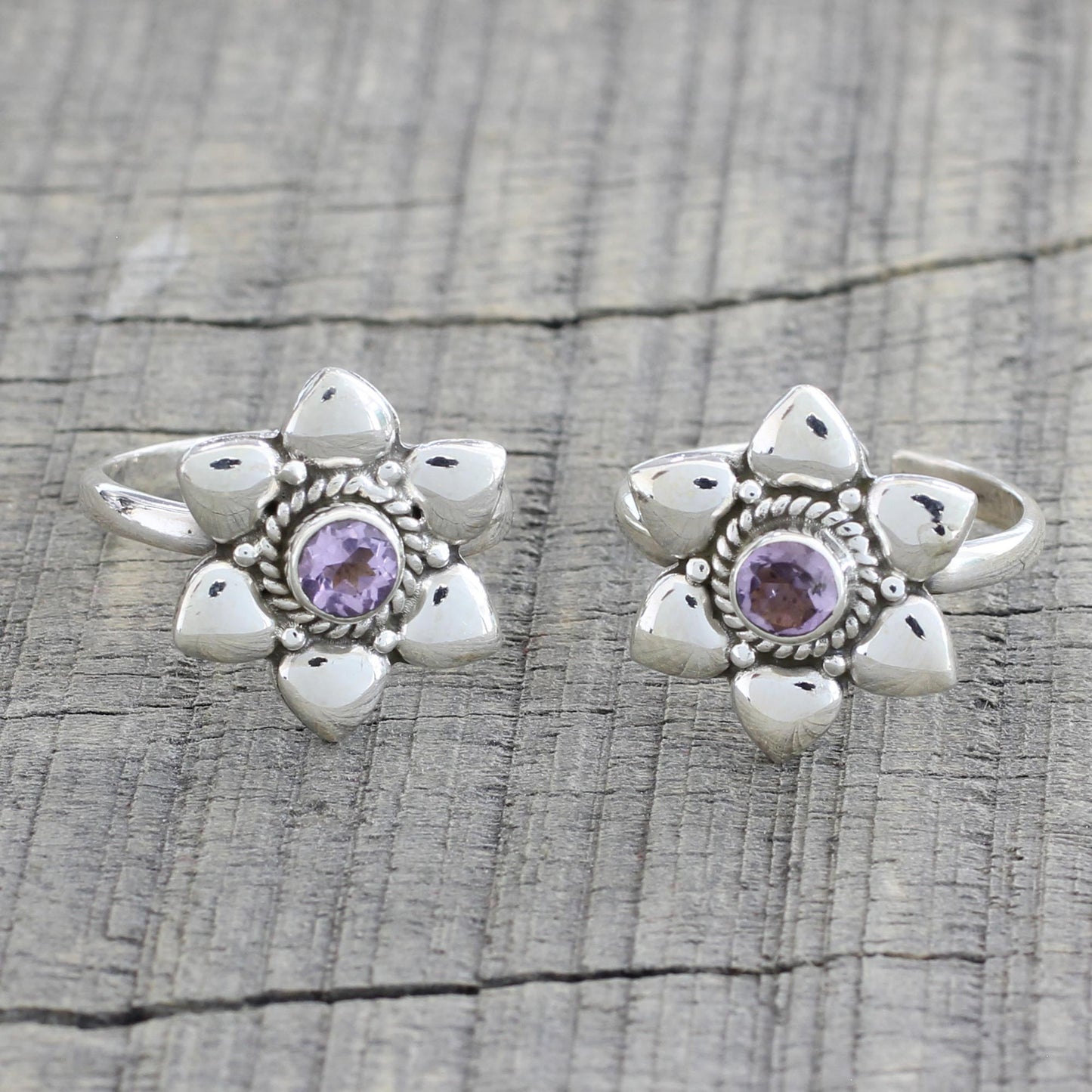 Floral Gleam Two Floral Amethyst and 925 Silver Toe Rings from India