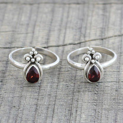 Scarlet Drops Pair of Teardrop Garnet and 925 Silver Toe Rings from India