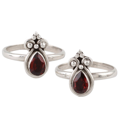Scarlet Drops Pair of Teardrop Garnet and 925 Silver Toe Rings from India