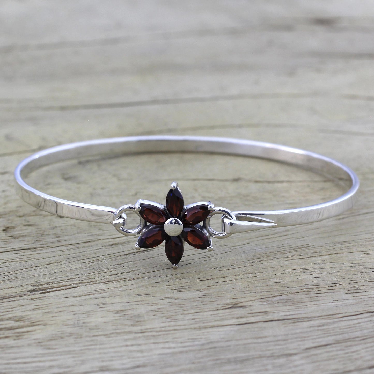 Marquise Flower Garnet and Sterling Silver Floral Bracelet from India