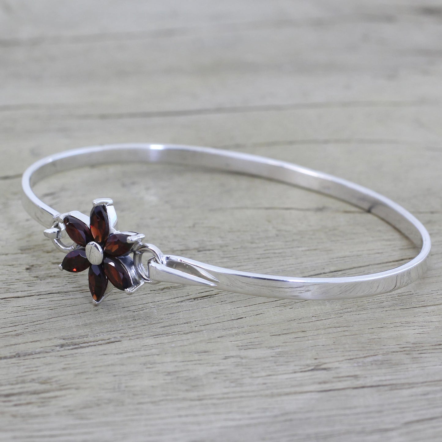 Marquise Flower Garnet and Sterling Silver Floral Bracelet from India