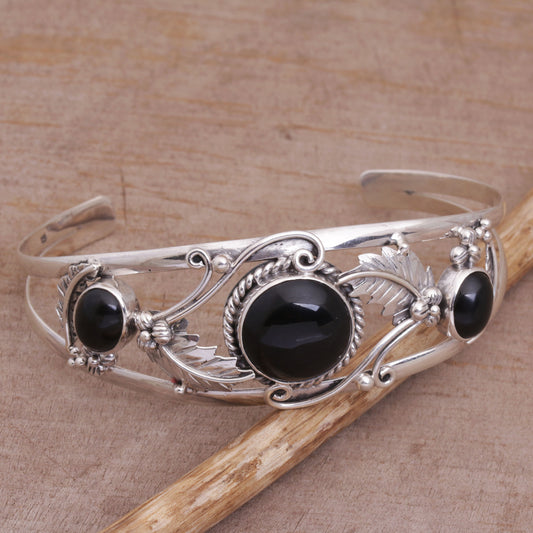 Night Leaves Onyx and Sterling Silver Leafy Cuff Bracelet from Bali