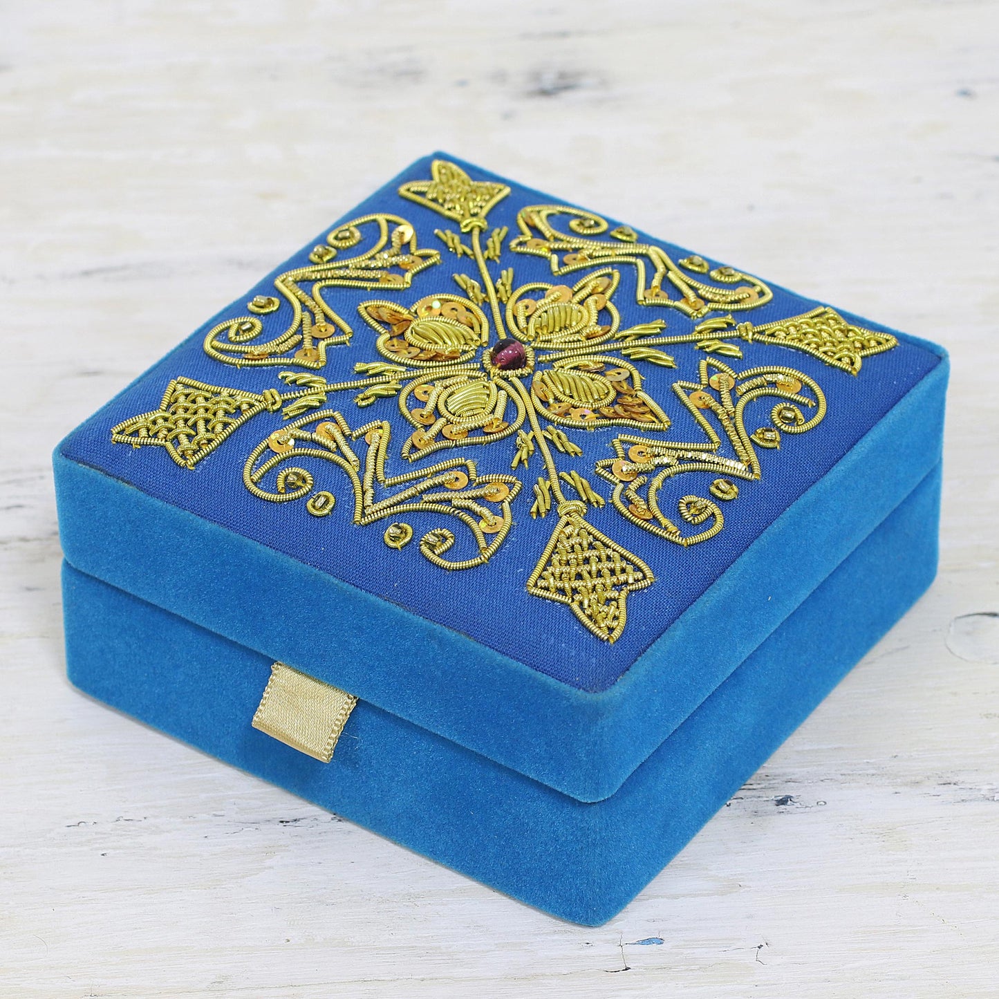 Royal Sky Blue Embroidered Decorative Wood Box from India