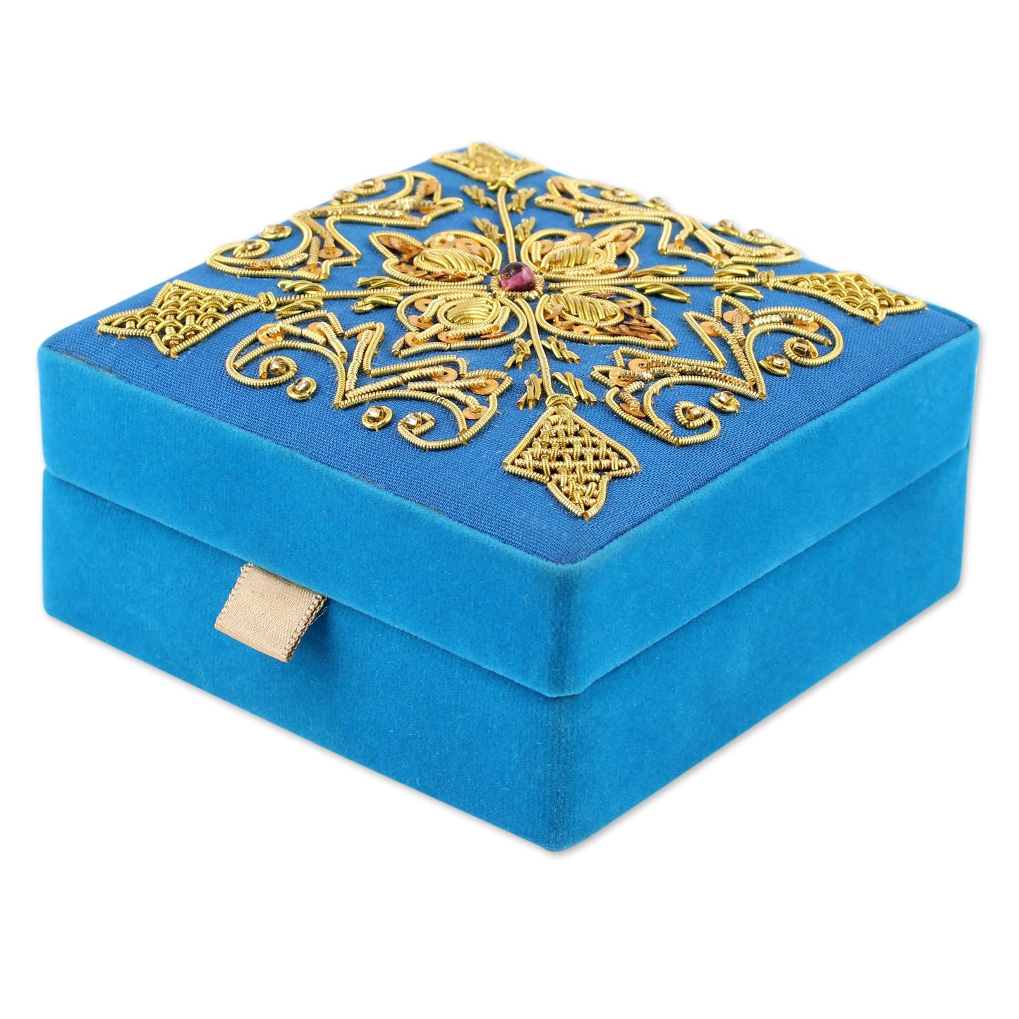 Royal Sky Blue Embroidered Decorative Wood Box from India