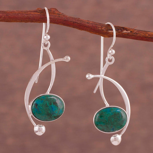 Crescent Eyes Chrysocolla and Sterling Silver Dangle Earrings from Peru