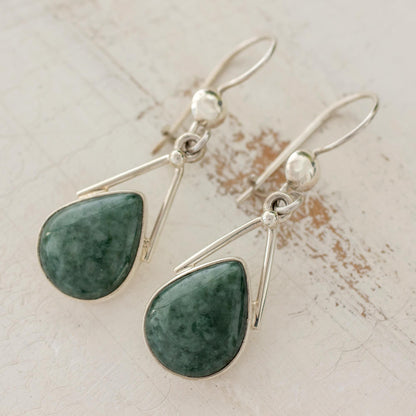 Drops of Peace Green Jade and Sterling Silver Teardrop Earrings from Mexico