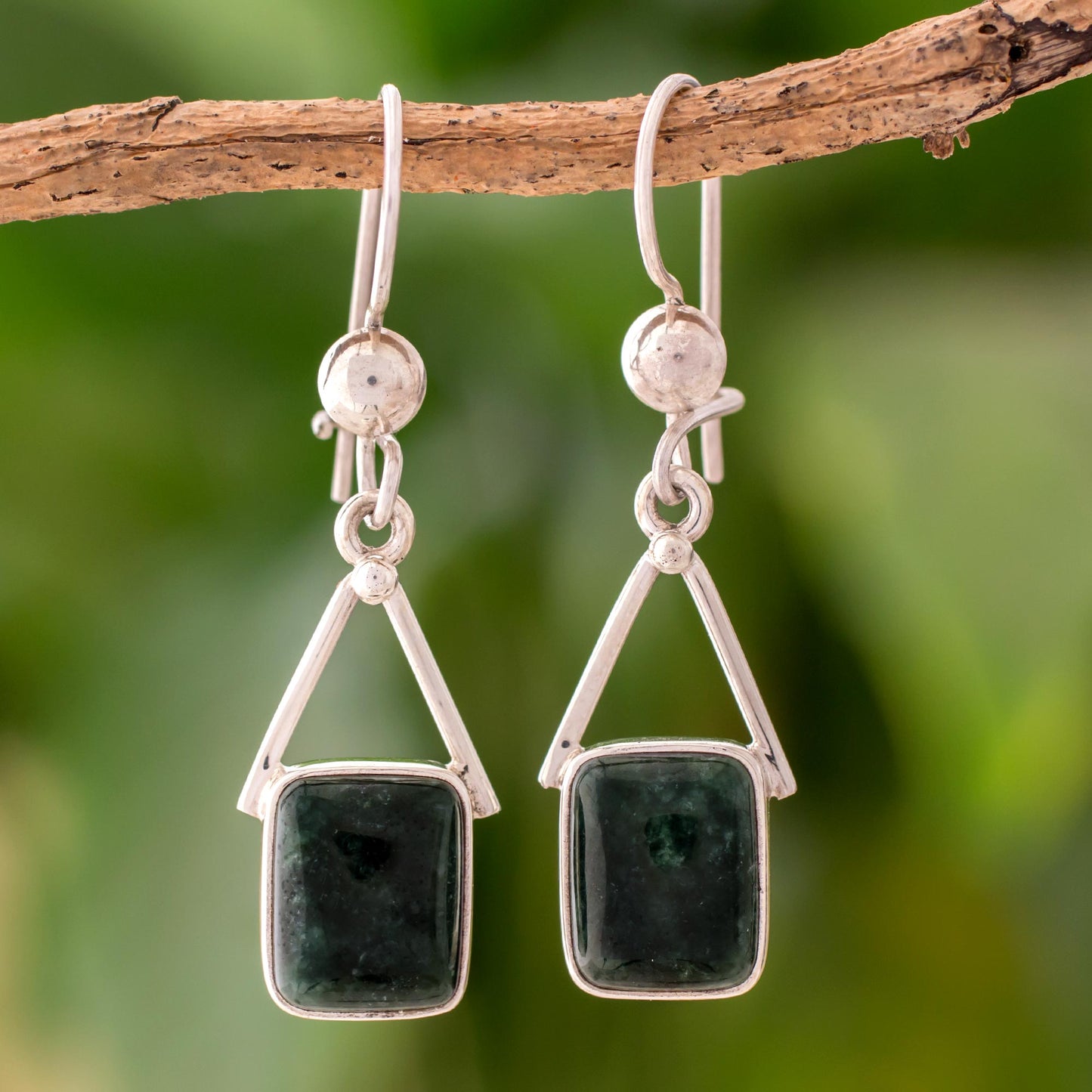 Mayan Peaks in Dark Green Dark Green Jade Dangle Earrings from Mexico