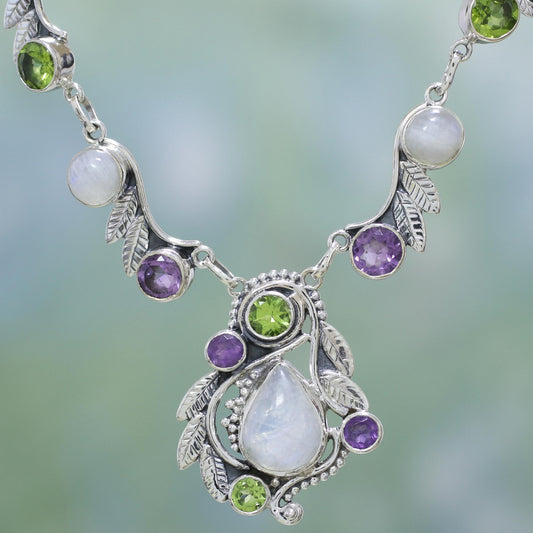 Luminous Beauty Sterling Silver and Multigem Pendant Necklace from India