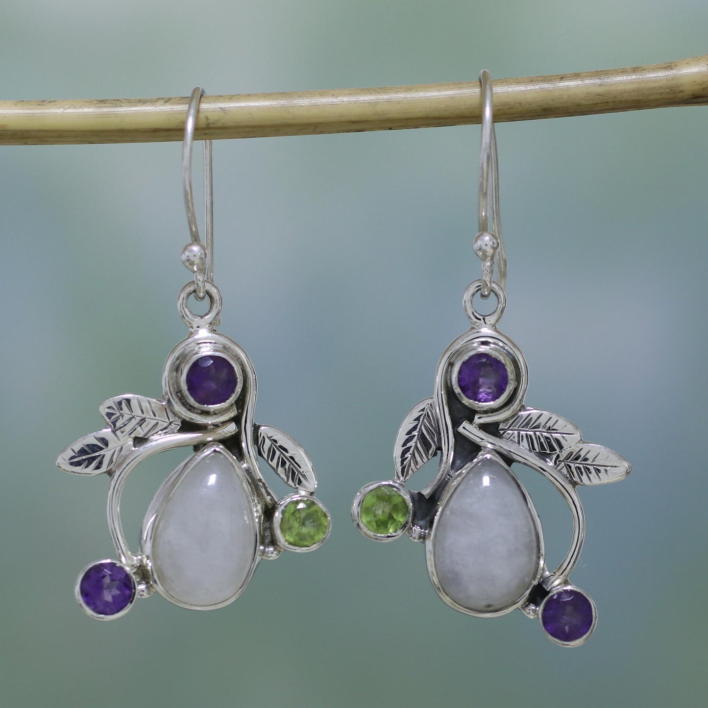 Luminous Beauty Rainbow Moonstone, Amethyst and Peridot Earrings from India