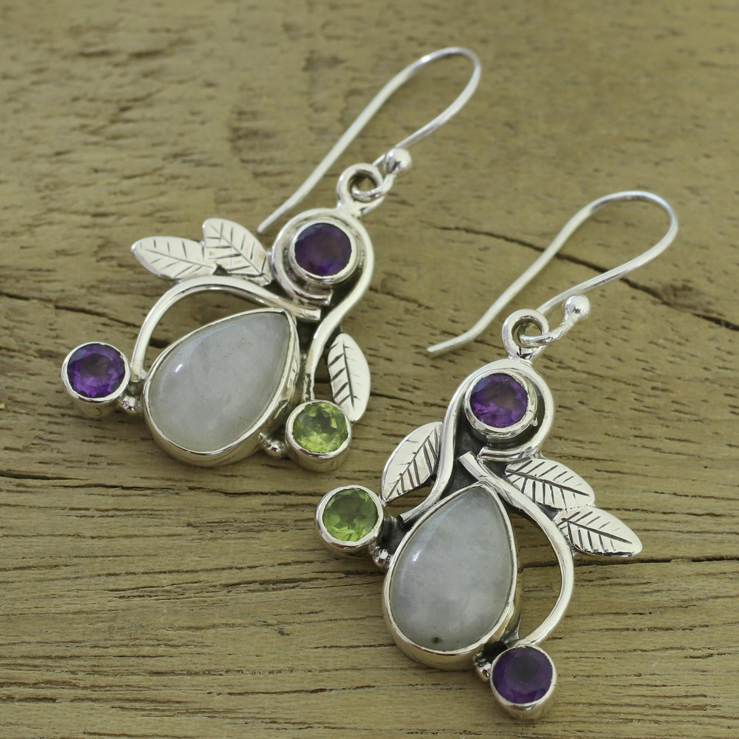 Luminous Beauty Rainbow Moonstone, Amethyst and Peridot Earrings from India