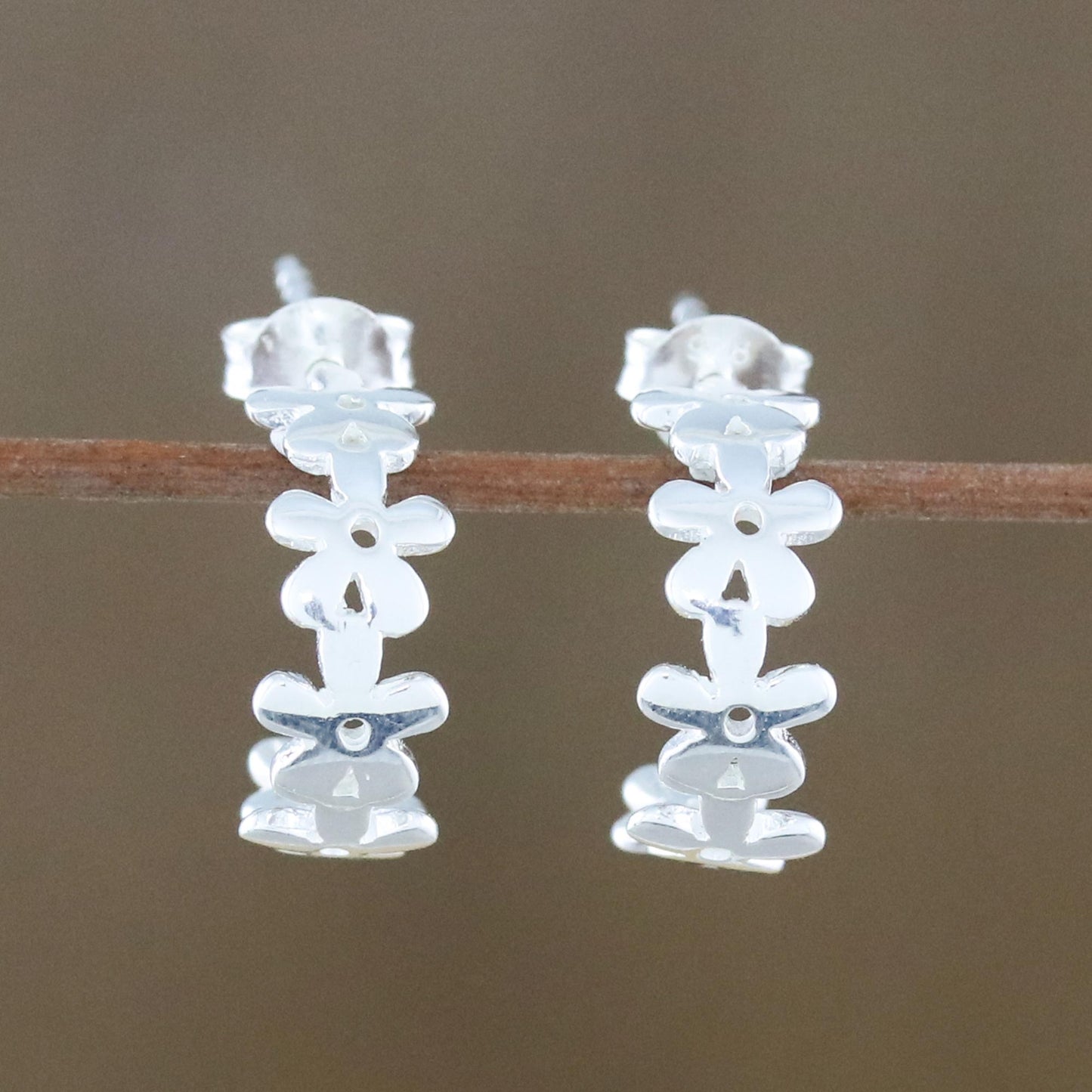 Wondrous Blossoms Handcrafted Sterling Silver Floral Half-Hoop Earrings