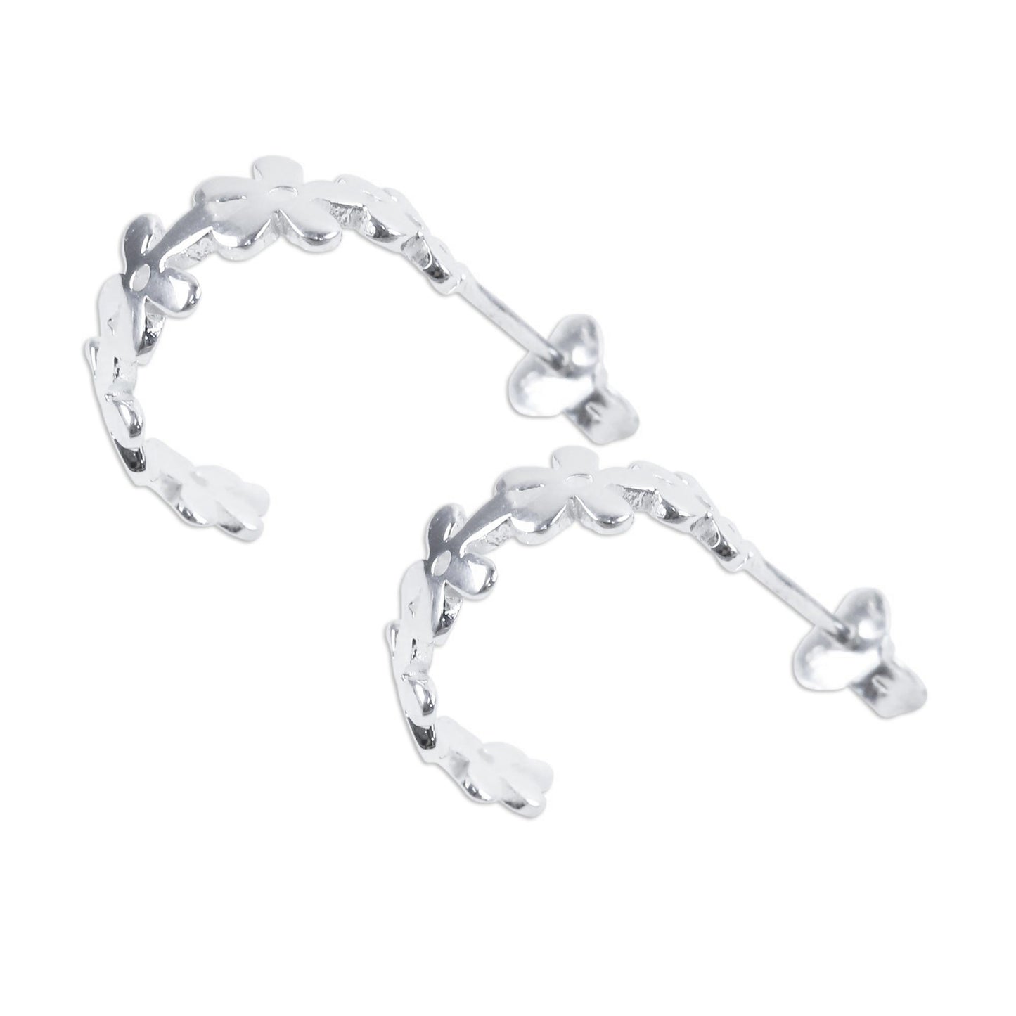 Wondrous Blossoms Handcrafted Sterling Silver Floral Half-Hoop Earrings