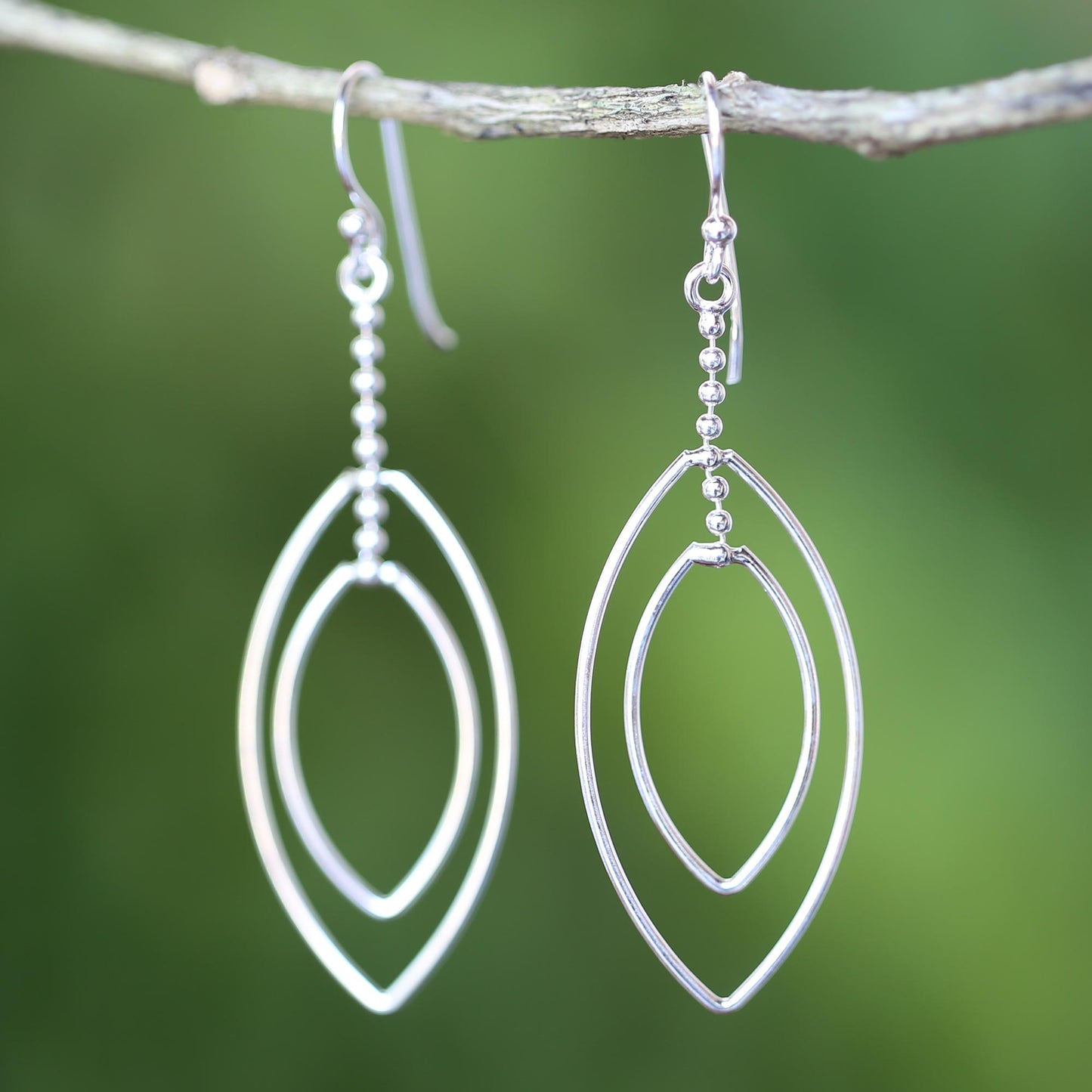 Lotus Symmetry Long Sterling Silver Hook Earrings Handcrafted in Thailand