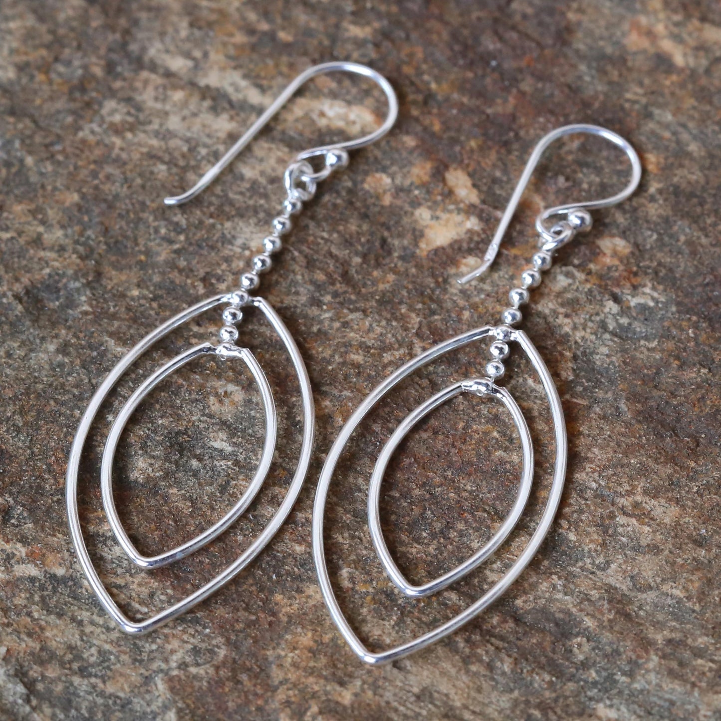 Lotus Symmetry Long Sterling Silver Hook Earrings Handcrafted in Thailand