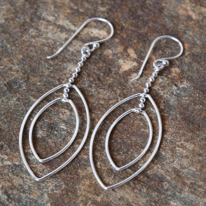 Lotus Symmetry Long Sterling Silver Hook Earrings Handcrafted in Thailand