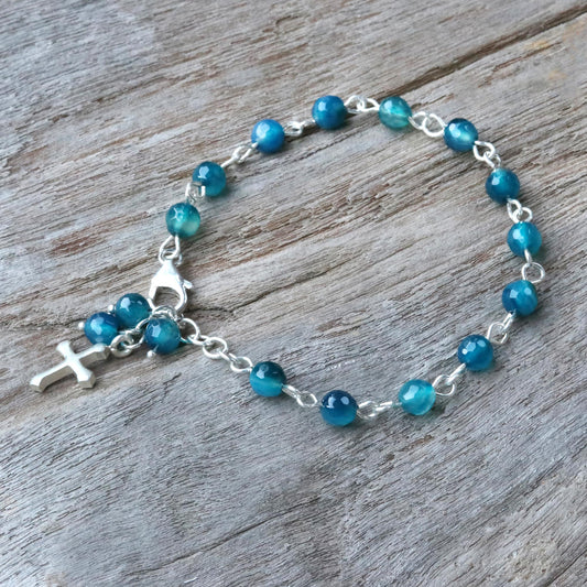 Watery Cross Blue Agate and Sterling Silver Cross Bracelet from Thailand