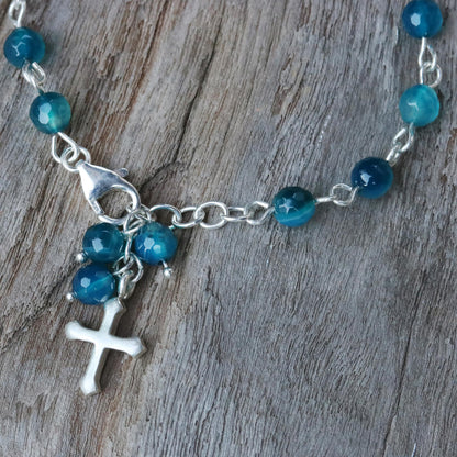 Watery Cross Blue Agate and Sterling Silver Cross Bracelet from Thailand