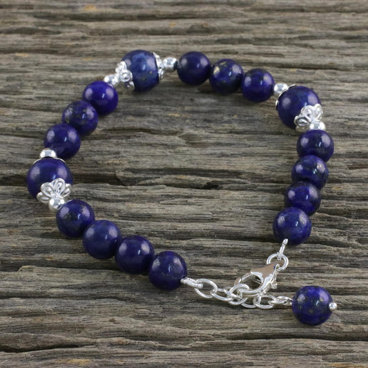Floral Deep Thai Lapis Lazuli and Sterling Silver Beaded Bracelet