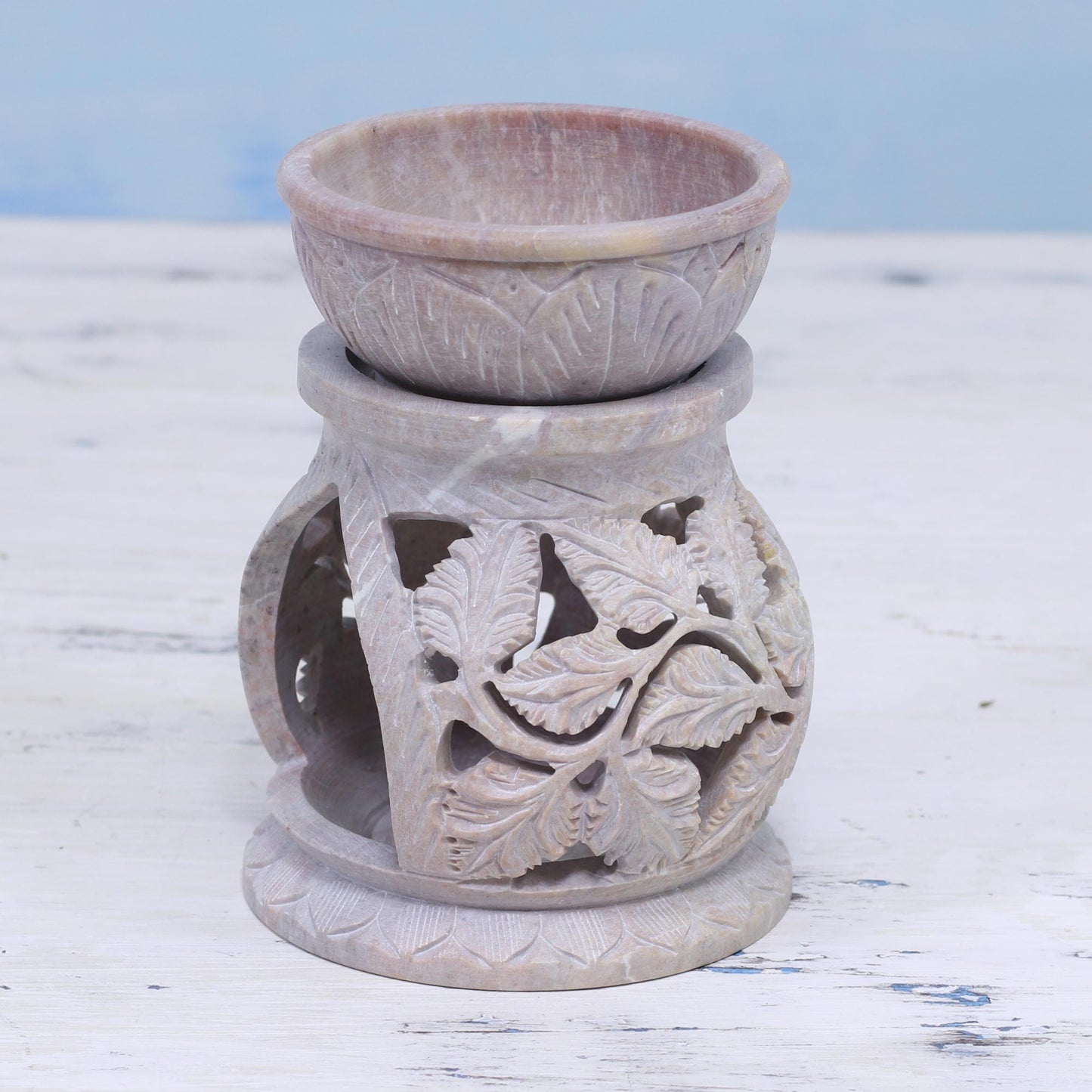 Garden of Leaves Handcrafted Leaf Motif Soapstone Oil Warmer from India