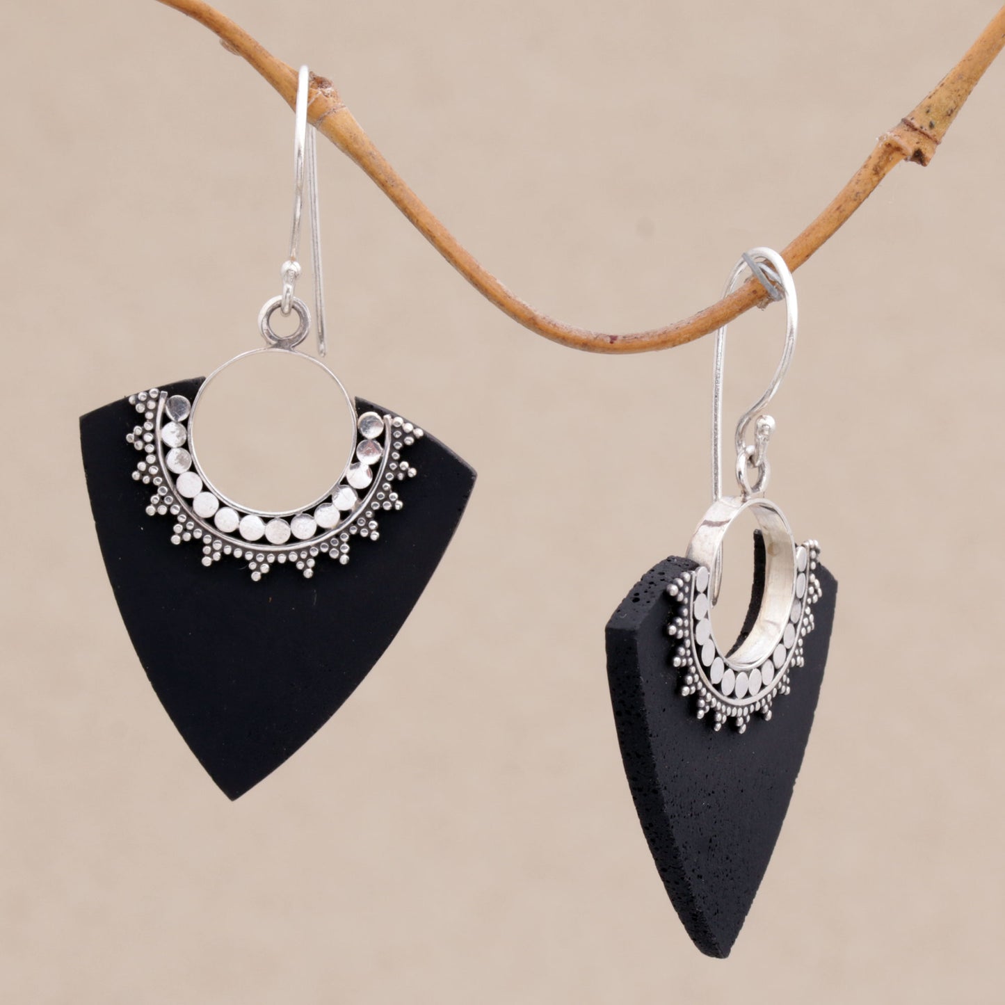 Dotted Arrows Sterling Silver and Lava Stone Pointed Earrings from Bali