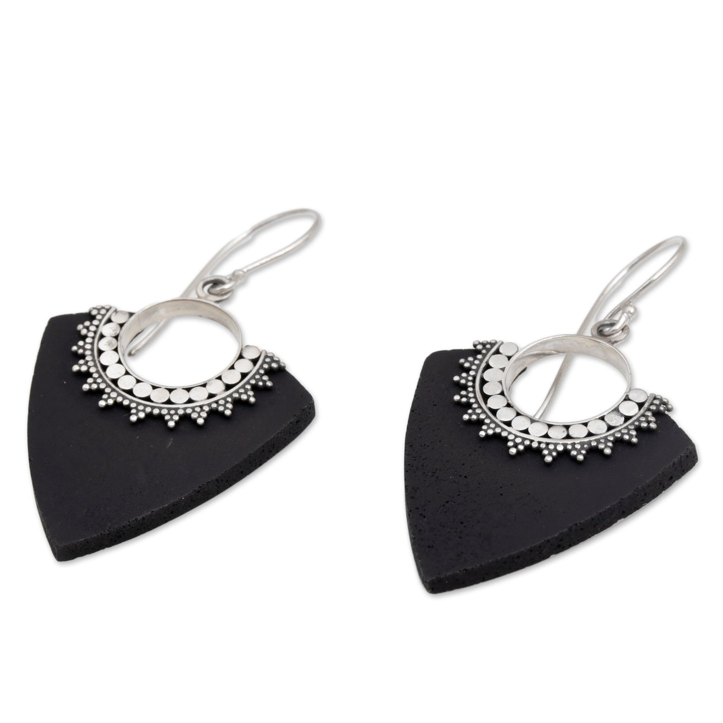 Dotted Arrows Sterling Silver and Lava Stone Pointed Earrings from Bali