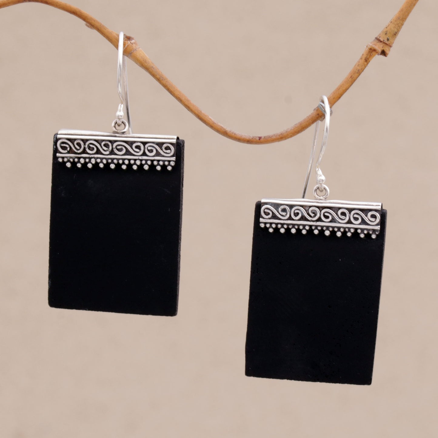 Dotted Walls Sterling Silver and Lava Stone Rectangular Earrings