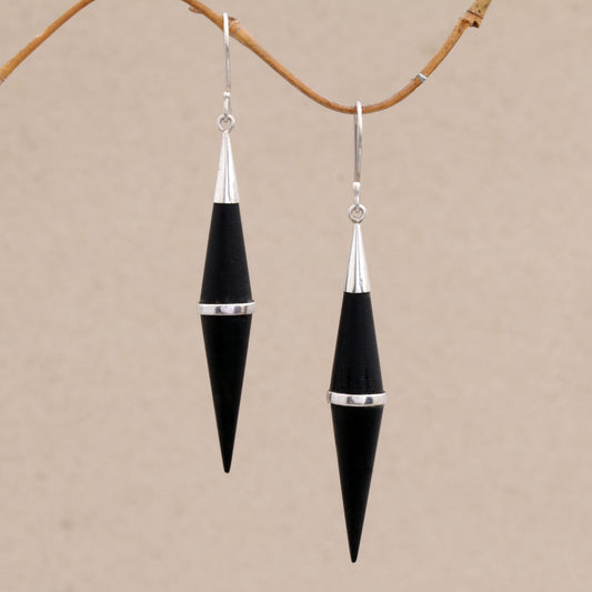 Elegant Cones Sterling Silver and Sono Wood Cone-Shaped Dangle Earrings