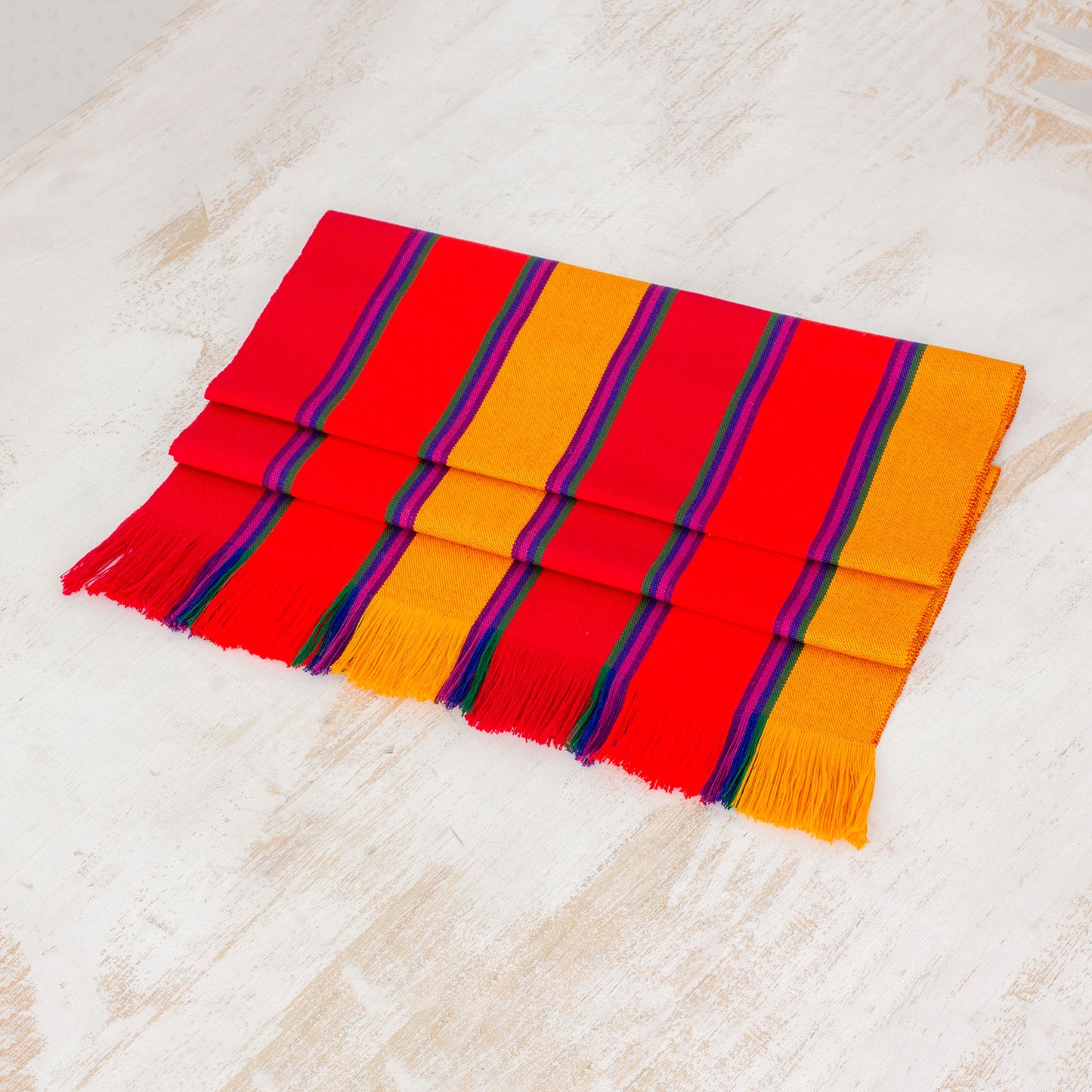 Sunset Glory Multicolor Striped Cotton Table Runner from Guatemala