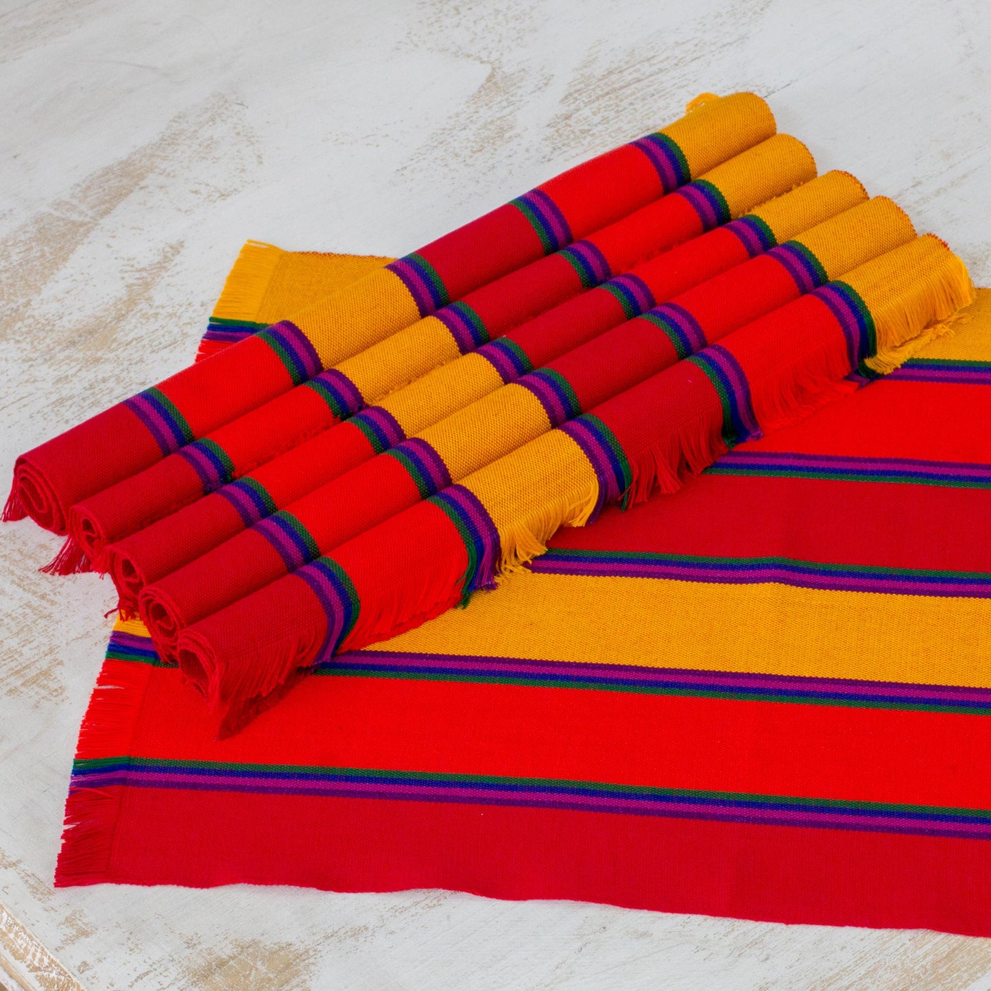 Country Sunset Six Handwoven Striped Cotton Placemats from Guatemala