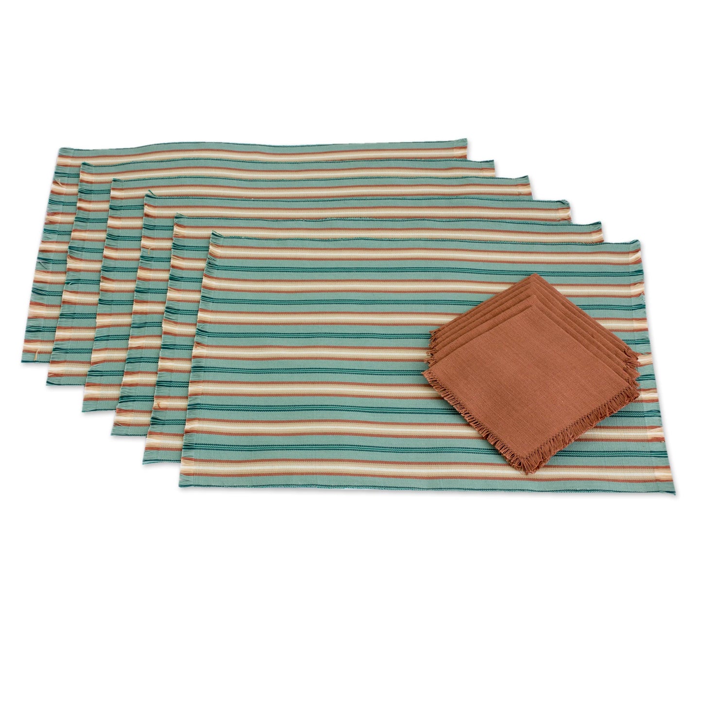 Celadon Trails Six Cotton Placemats and Napkins in Celadon and Russet