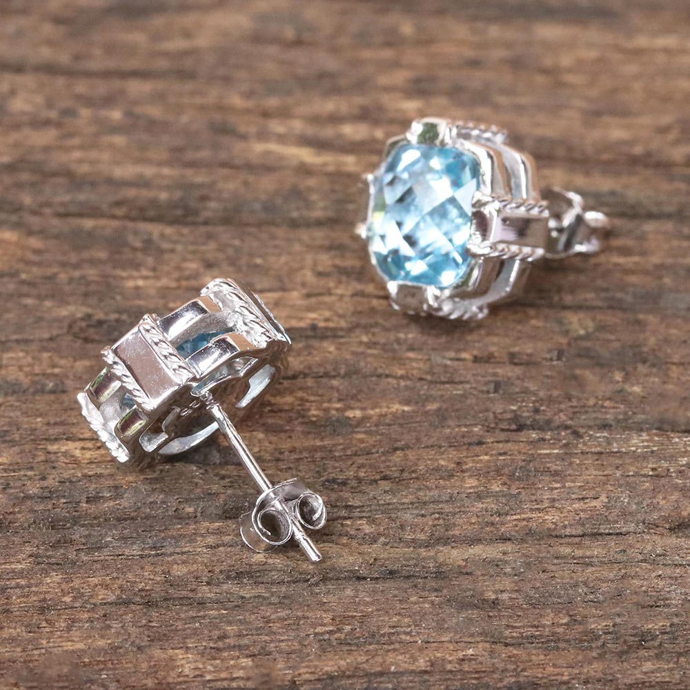 Peaceful Paradise Blue Topaz & Silver Button Earrings