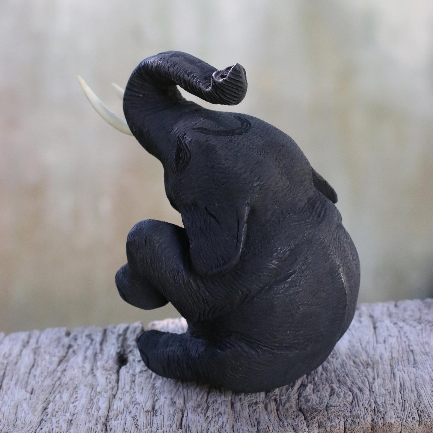 Joyous Elephant Black Teakwood Wood Sculpture