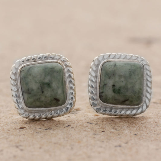 Love Lassos in Green Jade and Sterling Silver Rope Motif Earrings from Guatemala