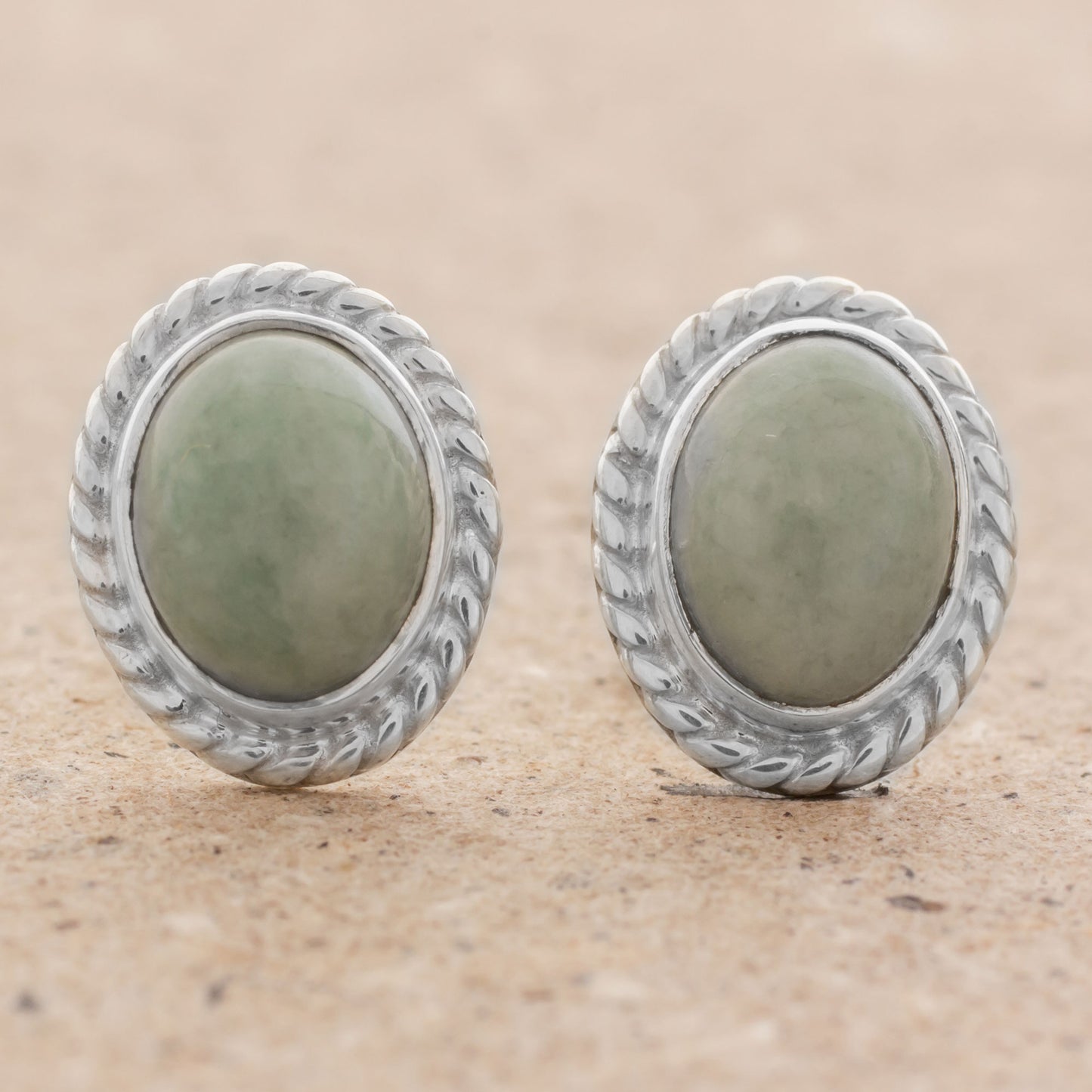 Oval Lassos Light Green Jade Oval Stud Earrings from Guatemala