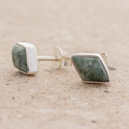 Mayan Elegance in Green Green Jade and 925 Silver Rhombus Earrings from Guatemala