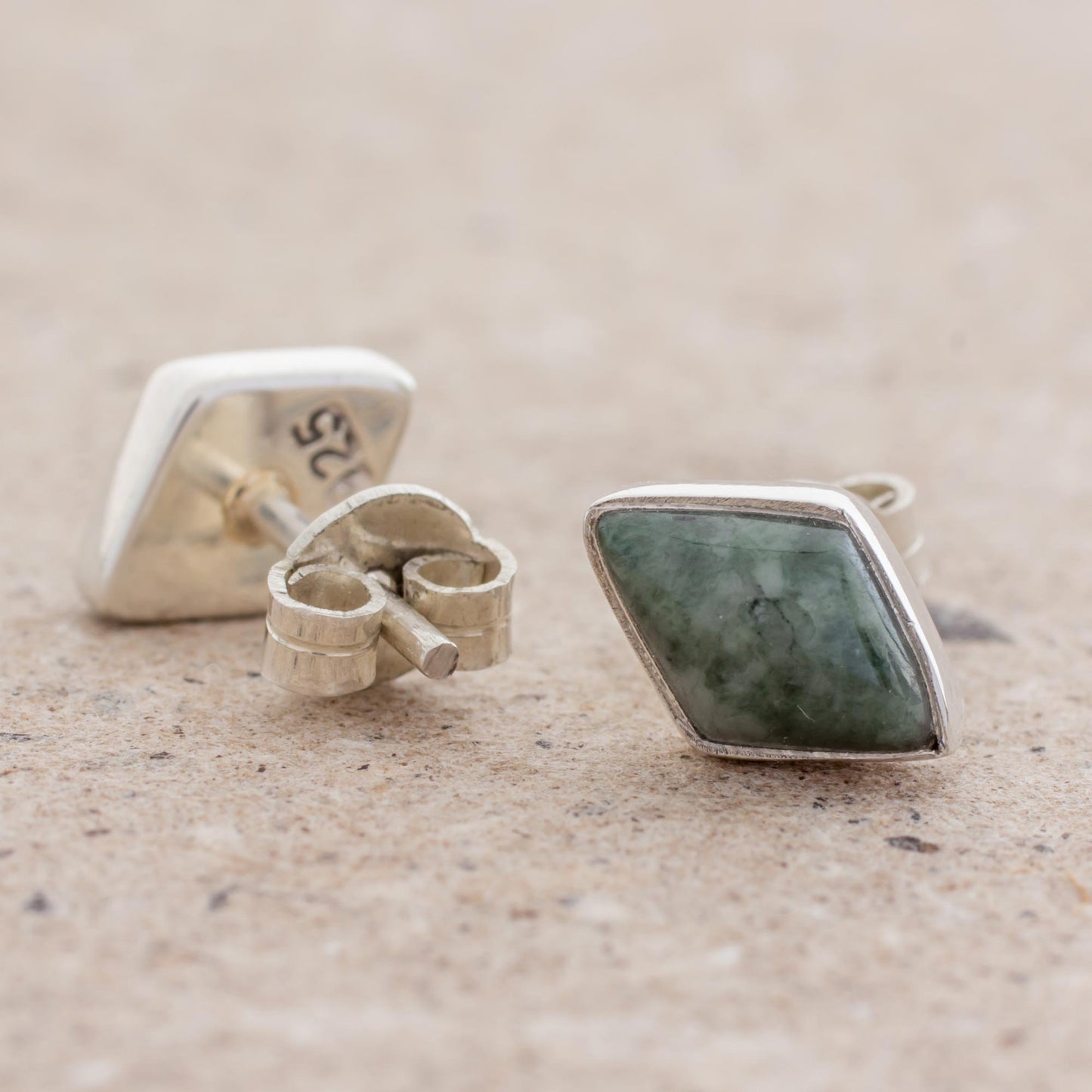 Mayan Elegance in Green Green Jade and 925 Silver Rhombus Earrings from Guatemala