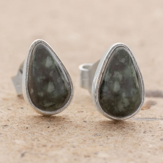 Mayan Teardrops in Dark Green Green Jade and 925 Silver Teardrop Earrings from Guatemala