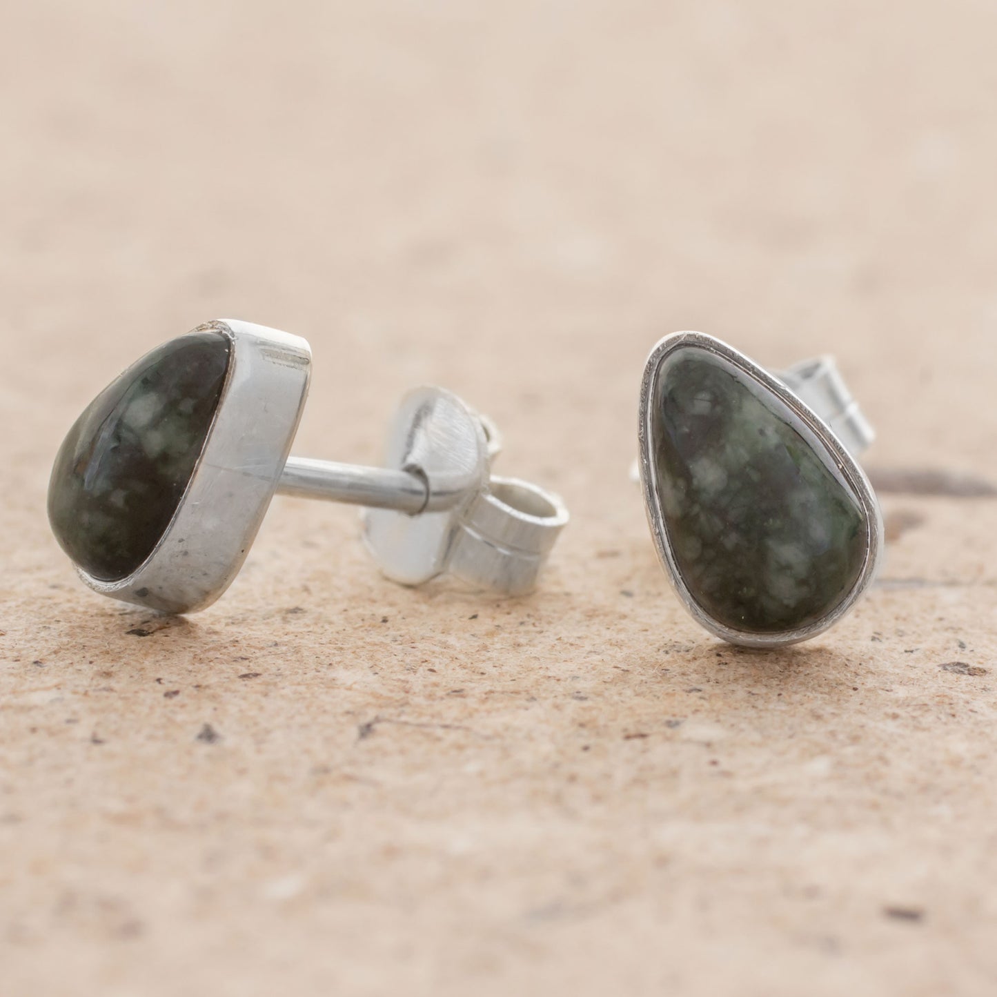 Mayan Teardrops in Dark Green Green Jade and 925 Silver Teardrop Earrings from Guatemala