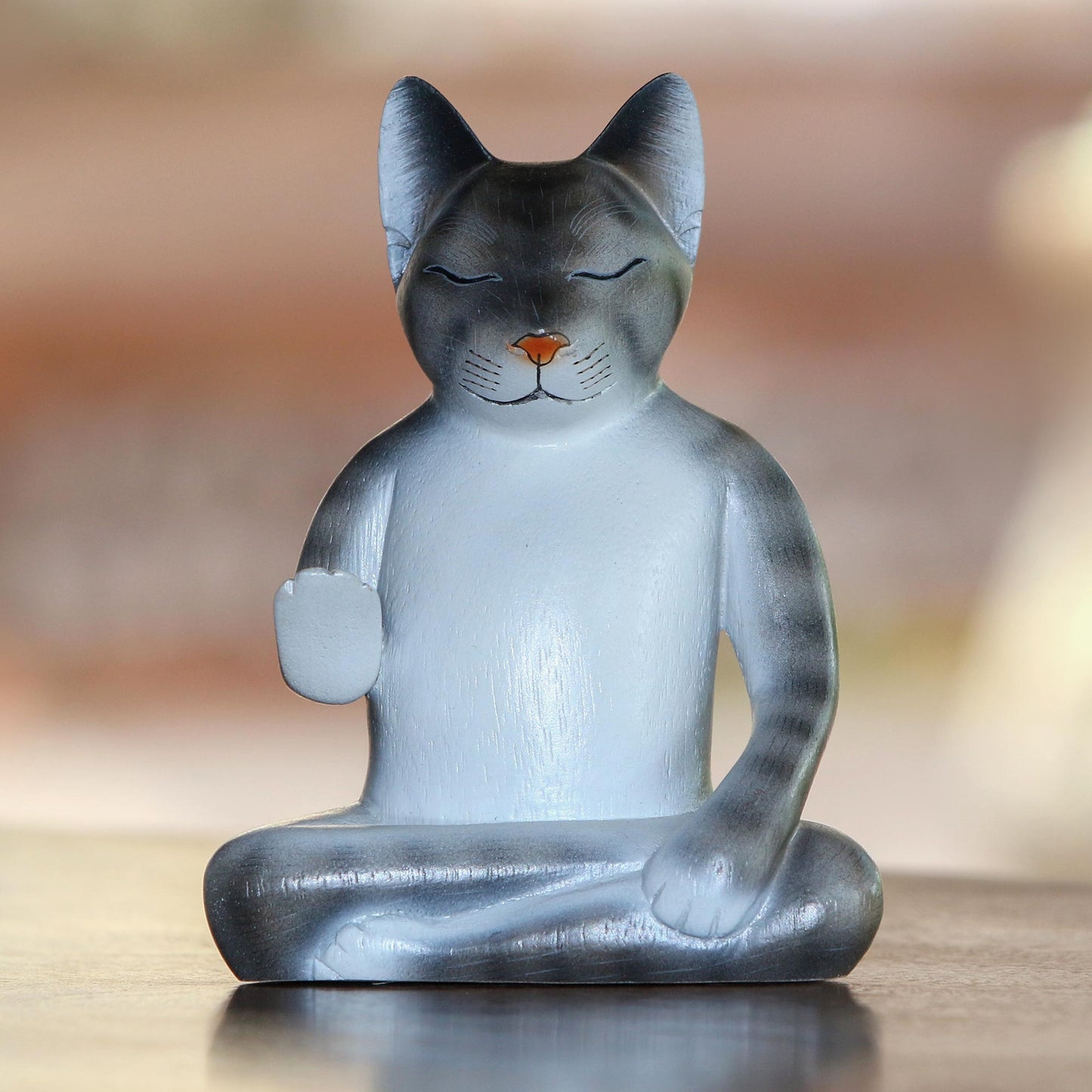 Nirvana Kitty Wood Meditating Cat Sculpture in Grey and White from Bali