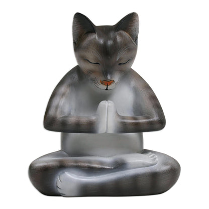 Meditating Kitty in Grey Wood Meditating Cat Sculpture in Grey and White from Bali